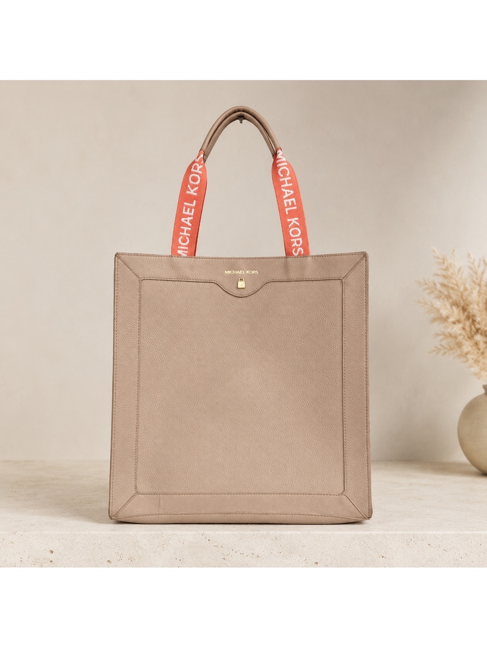 Michael Kors Large Taupe PVC Logo Strap North South Tote Bag Coral Gold